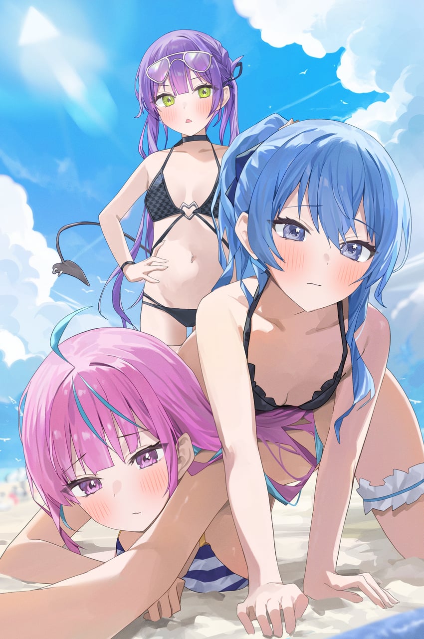 hoshimachi suisei, minato aqua, and tokoyami towa (hololive) drawn by nel_dcm