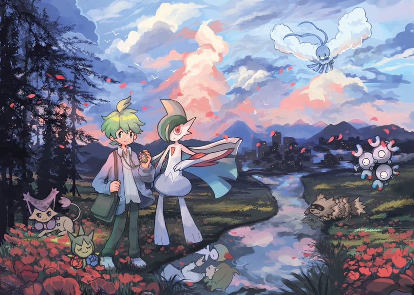 gallade, altaria, ralts, wally, roselia, and 4 more (pokemon and 1 more) drawn by kleshuu