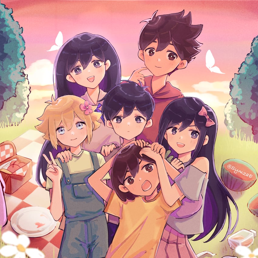 sunny, basil, aubrey, kel, mari, and 1 more (omori) drawn by symzae
