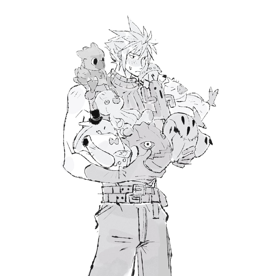 cloud strife, moogle, sabotender, bomb, fat chocobo, and 1 more (final fantasy and 3 more) drawn by jaysoysaucee