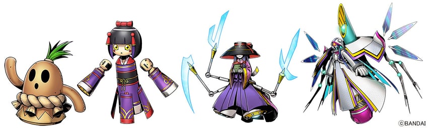 hanimon, kaguyamon, kokeshimon, and karakurumon (digimon and 2 more)