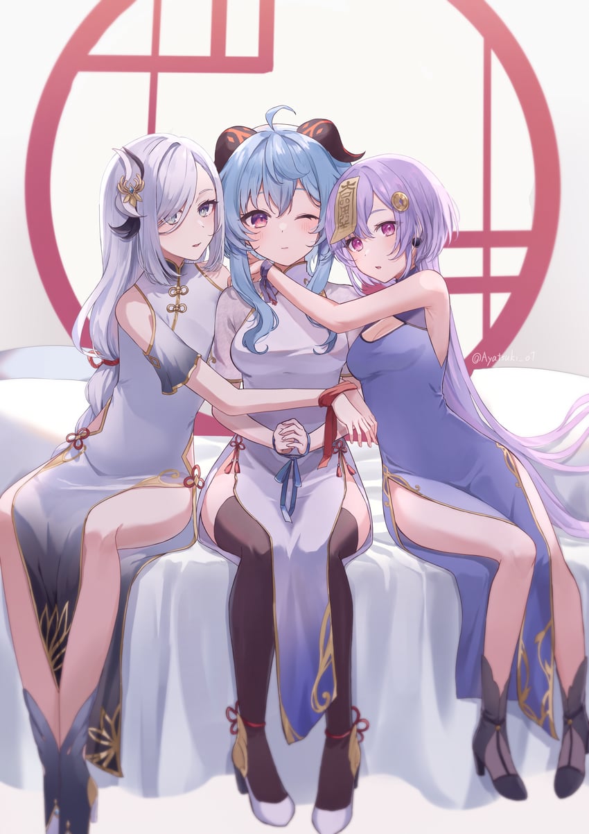 ganyu, shenhe, and qiqi (genshin impact) drawn by ayatsuki_hina