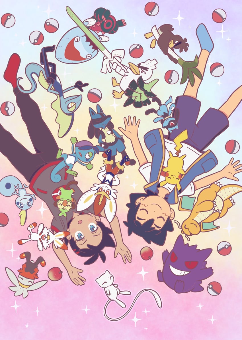 pikachu, ash ketchum, lucario, gengar, scorbunny, and 13 more (pokemon and 1 more) drawn by shuan_0420