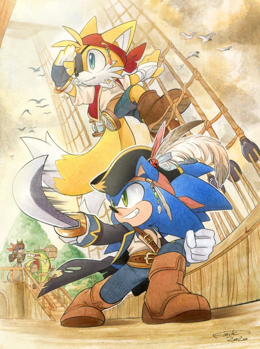 sonic the hedgehog, tails, vector the crocodile, and charmy bee (sonic) drawn by finik