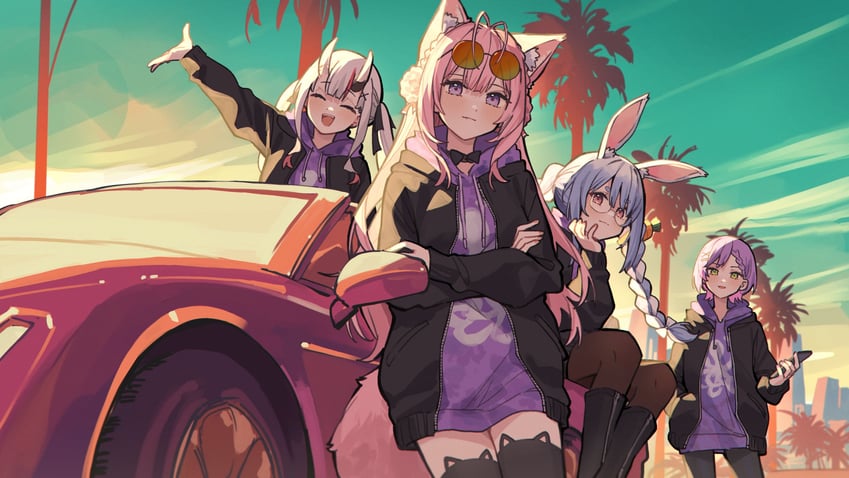usada pekora, tokoyami towa, nakiri ayame, and hakui koyori (hololive and 1 more) drawn by tsukino_(nakajimaseiki)