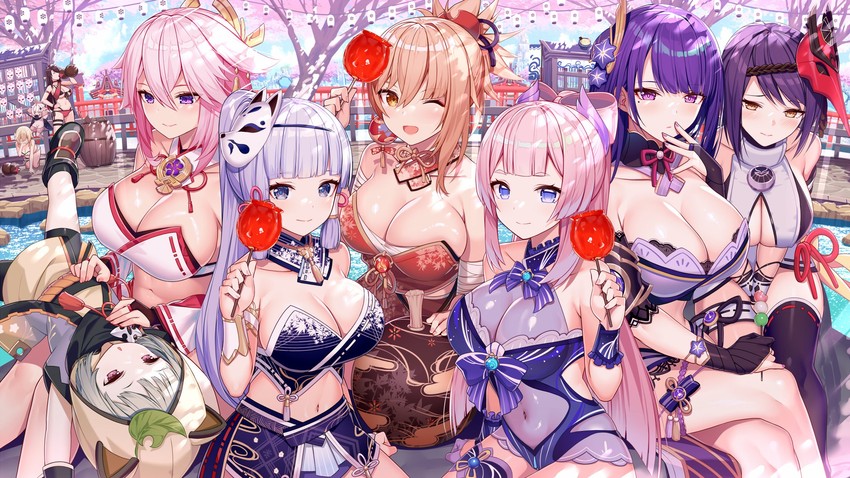 lumine, raiden shogun, yae miko, paimon, kamisato ayaka, and 5 more (genshin impact) drawn by akusema