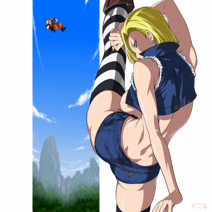 android 18 and kuririn (dragon ball and 1 more) drawn by suna_(sandworks)