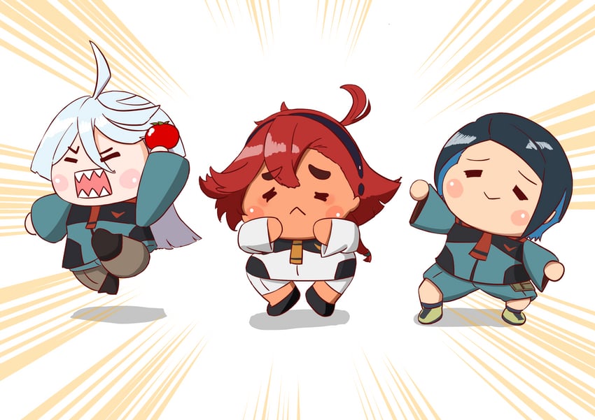 suletta mercury, miorine rembran, and nika nanaura (gundam and 1 more) drawn by kouchi_777