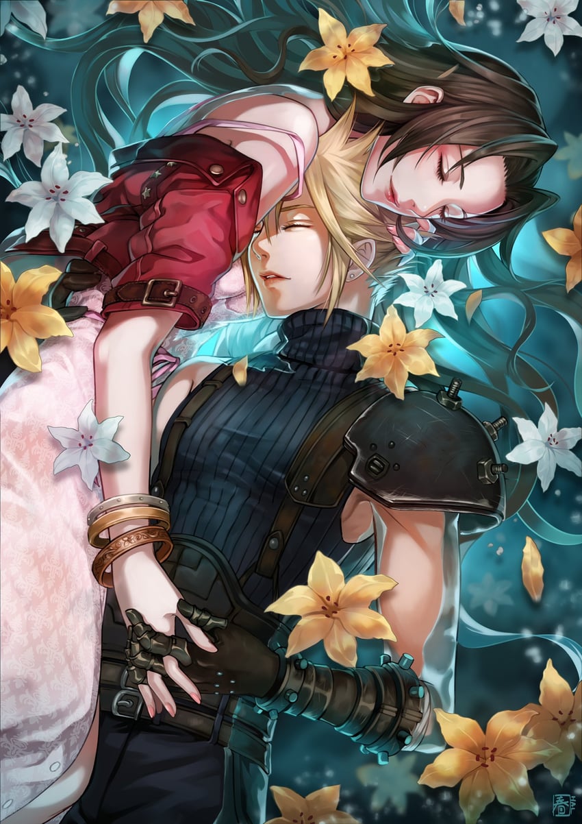 cloud strife and aerith gainsborough (final fantasy and 2 more) drawn by halu-ca