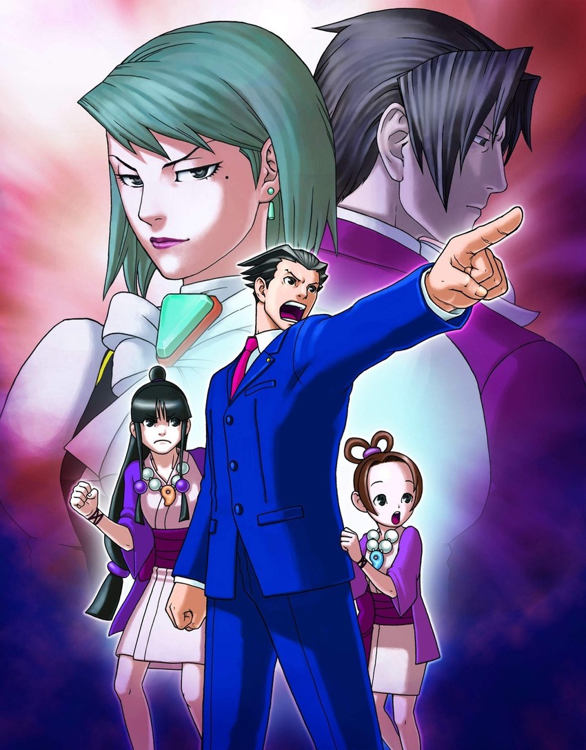 phoenix wright, miles edgeworth, maya fey, franziska von karma, and pearl fey (ace attorney) drawn by edaki_shin'ya