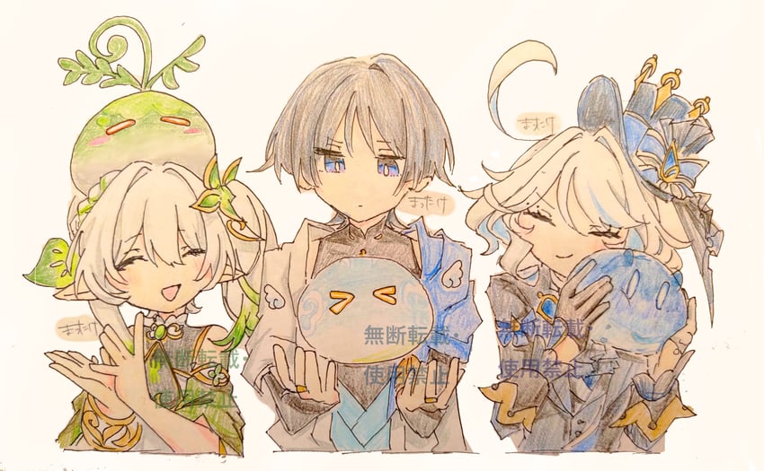 scaramouche, furina, nahida, wanderer, slime, and 3 more (genshin impact) drawn by onu5mochini