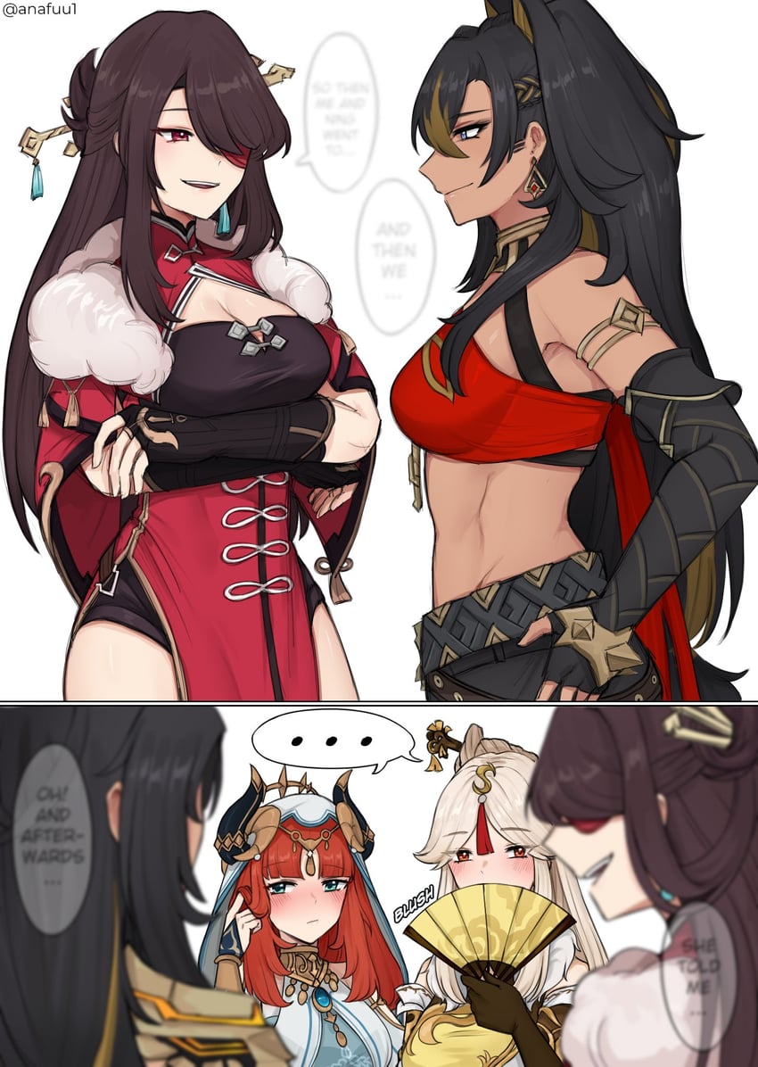 nilou, ningguang, beidou, and dehya (genshin impact) drawn by anafuu