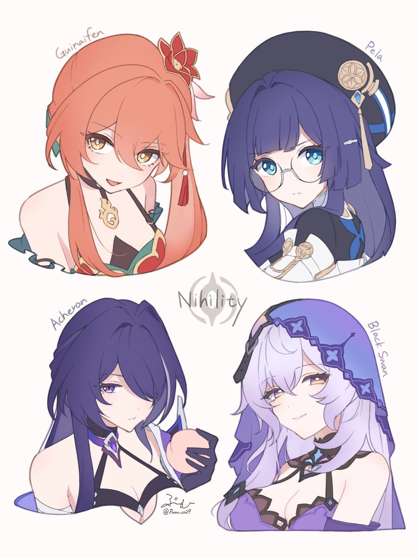 acheron, black swan, guinaifen, and pela (honkai and 1 more) drawn by pumu_(pumu_co29)