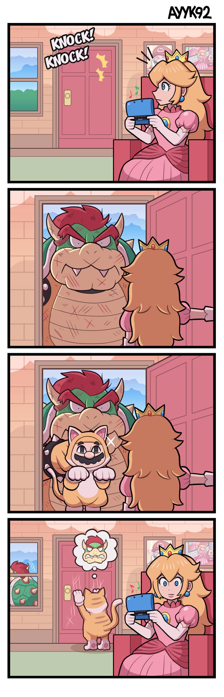princess peach, mario, bowser, and cat mario (mario) drawn by ayyk92