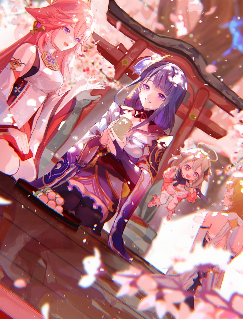 lumine, raiden shogun, yae miko, and paimon (genshin impact) drawn by kikinoki