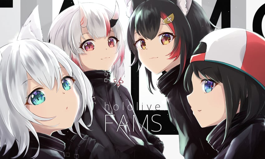 shirakami fubuki, ookami mio, oozora subaru, and nakiri ayame (hololive) drawn by hilamaru