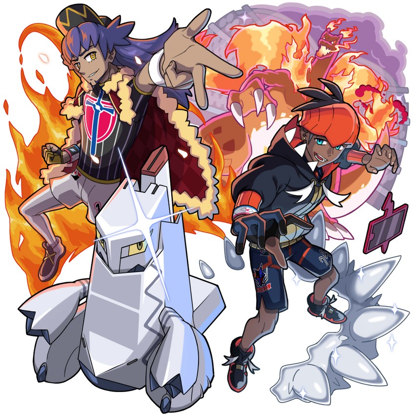 rotom, leon, raihan, charizard, rotom phone, and 2 more (pokemon and 1 more) drawn by eire_(sai_fuji)