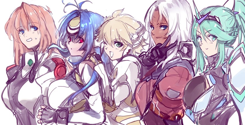 kos-mos, pneuma, fiora, elhaym van houten, elma, and 1 more (xenoblade chronicles and 6 more) drawn by negresco
