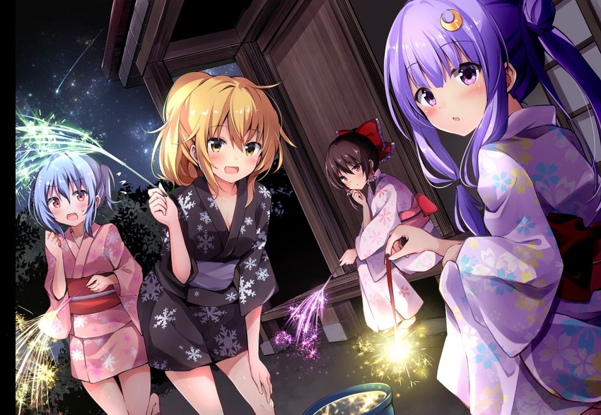 hakurei reimu, kirisame marisa, remilia scarlet, and patchouli knowledge (touhou) drawn by hyurasan