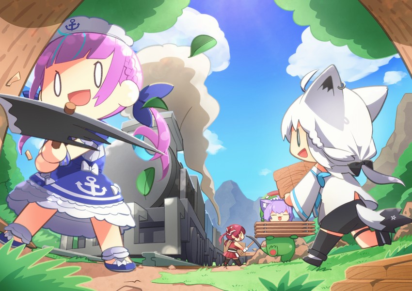 houshou marine, shirakami fubuki, nekomata okayu, and minato aqua (hololive and 1 more) drawn by ponono