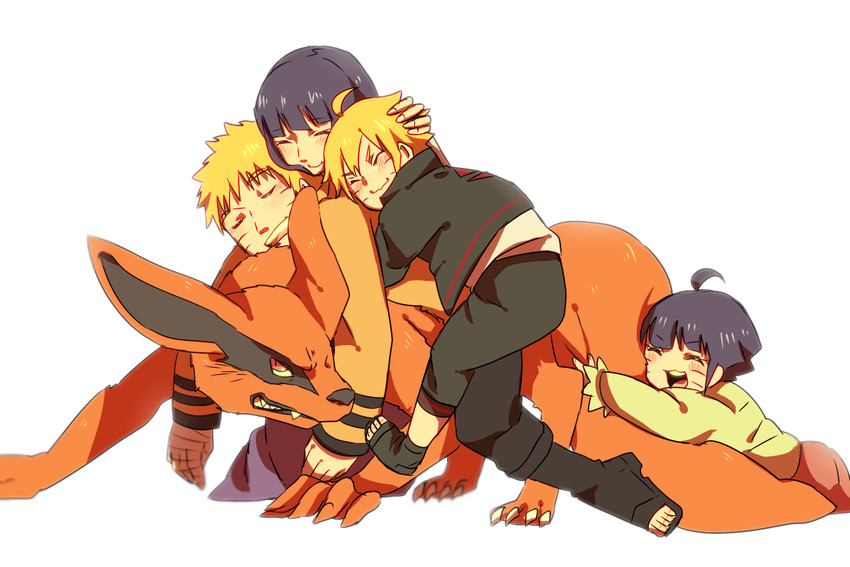 uzumaki naruto, hyuuga hinata, uzumaki boruto, uzumaki himawari, and kurama (naruto and 1 more) drawn by mizuto_(o96ap)