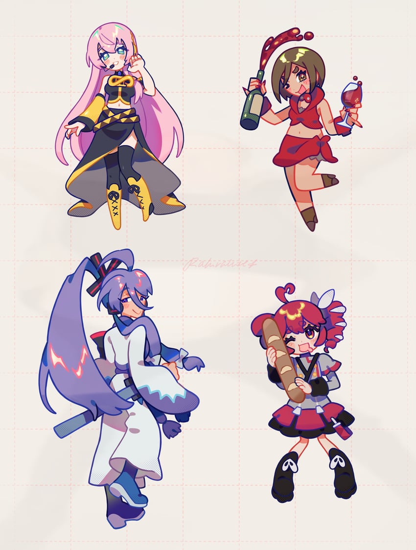megurine luka, kasane teto, meiko, and kamui gakupo (vocaloid and 2 more) drawn by raluraluze