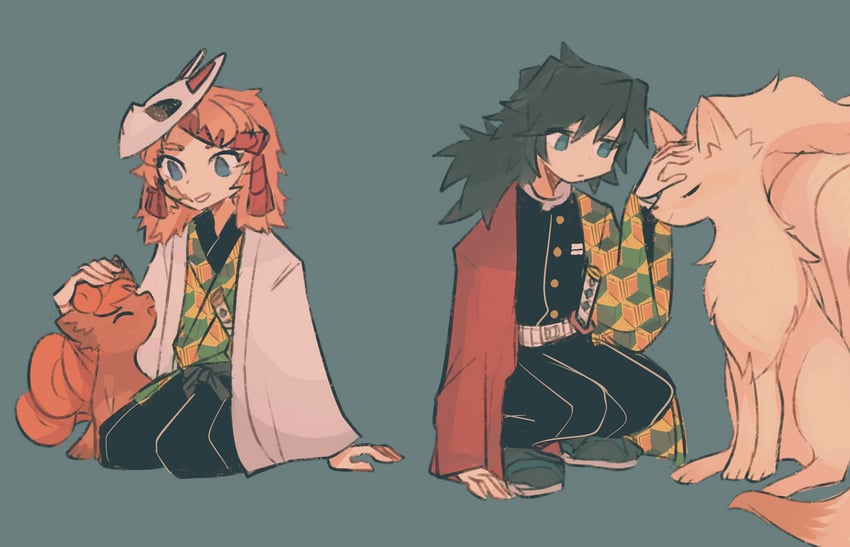 tomioka giyuu, vulpix, ninetales, and sabito (pokemon and 1 more) drawn by charamells
