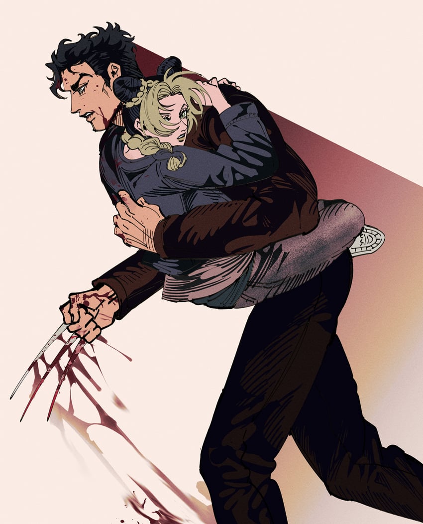 kujo jotaro, kujo jolyne, wolverine, and x-23 (jojo no kimyou na bouken and 5 more) drawn by danggo99