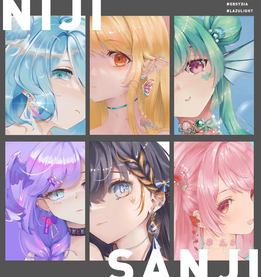 elira pendora, selen tatsuki, pomu rainpuff, finana ryugu, petra gurin, and 1 more (nijisanji and 1 more) drawn by miliuliu