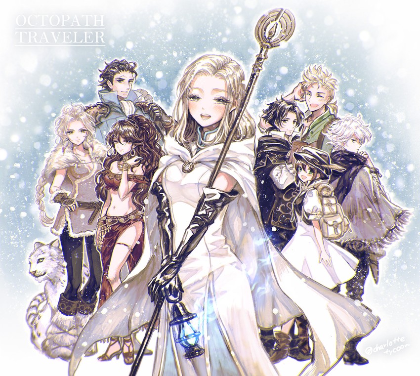 therion, tressa colzione, ophilia clement, primrose azelhart, cyrus albright, and 3 more (octopath traveler and 1 more) drawn by takatora