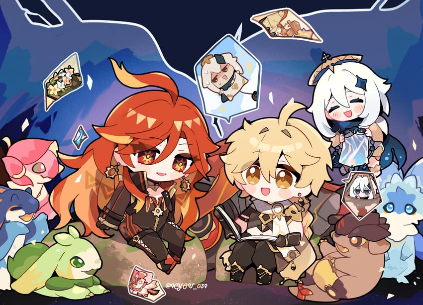 aether, paimon, mavuika, yumkasaurus, tepetlisaurus, and 5 more (genshin impact) drawn by kyou_039