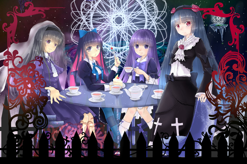 akemi homura, stocking, gokou ruri, and frederica bernkastel (mahou shoujo madoka magica and 4 more) drawn by benmiaobituona