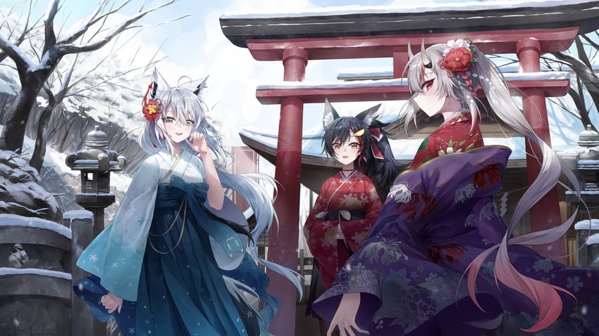 shirakami fubuki, ookami mio, and nakiri ayame (hololive) drawn by fudepenbrushpen
