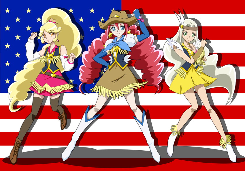 red haired cure, grey haired cure, and blonde haired cure (precure and 1 more) drawn by moritakusan