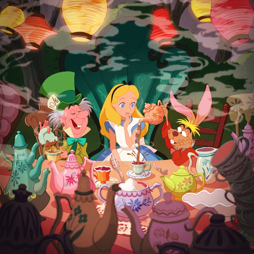alice, mad hatter, and march hare (alice in wonderland) drawn by kurobe_(kurobe613)