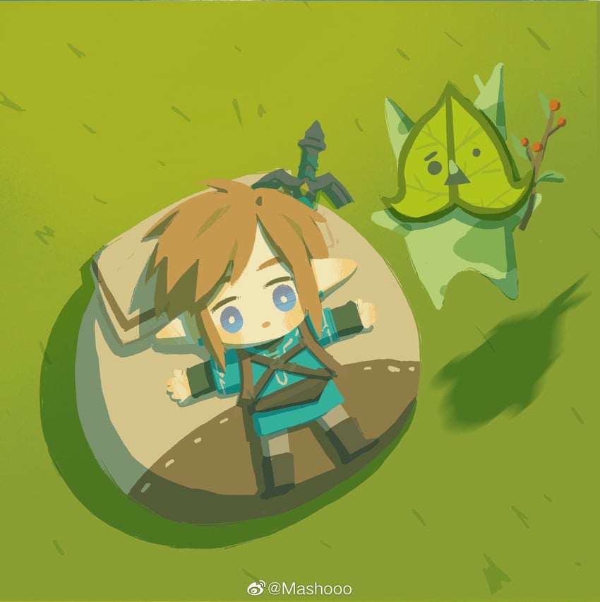 link and korok (the legend of zelda and 1 more) drawn by mashooo