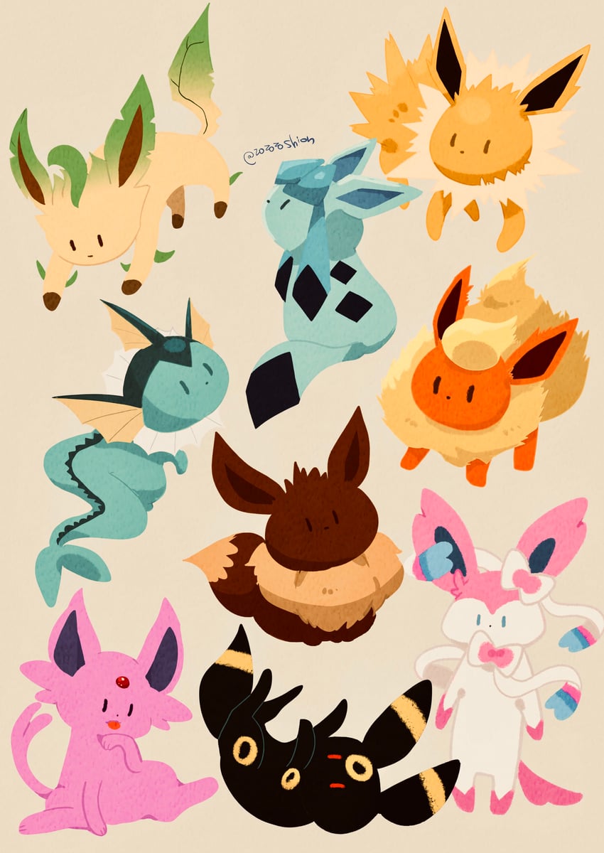 eevee, sylveon, umbreon, glaceon, vaporeon, and 4 more (pokemon) drawn by zozozoshion