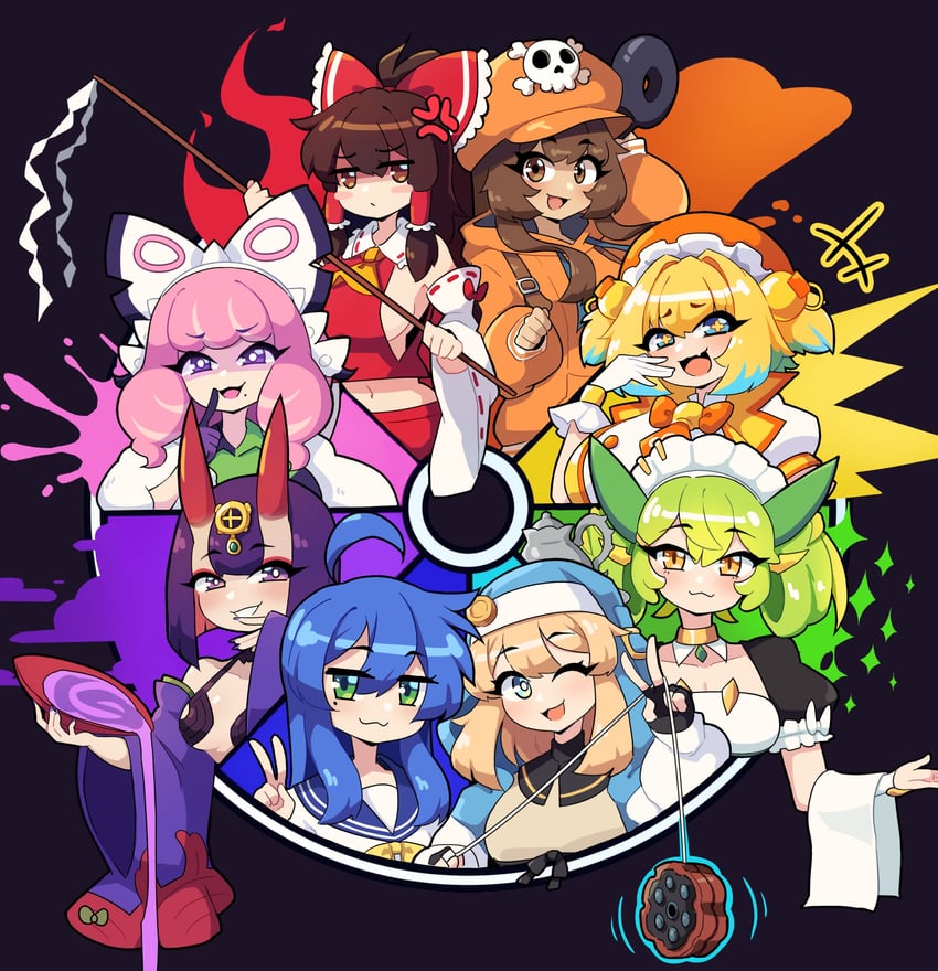 hakurei reimu, shuten douji, izumi konata, bridget, may, and 3 more (touhou and 9 more) drawn by daigada