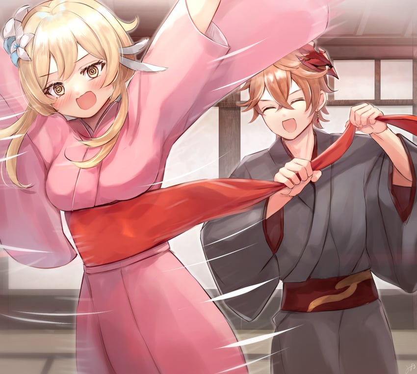 lumine and tartaglia (genshin impact) drawn by mirin_pengin