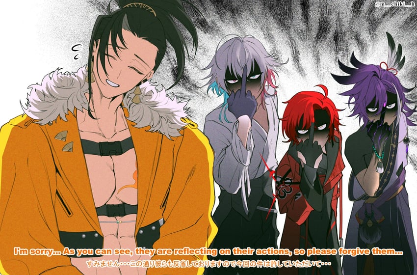 gavis bettel, machina x flayon, banzoin hakka, and josuiji shinri (holostars and 1 more) drawn by m_chikih
