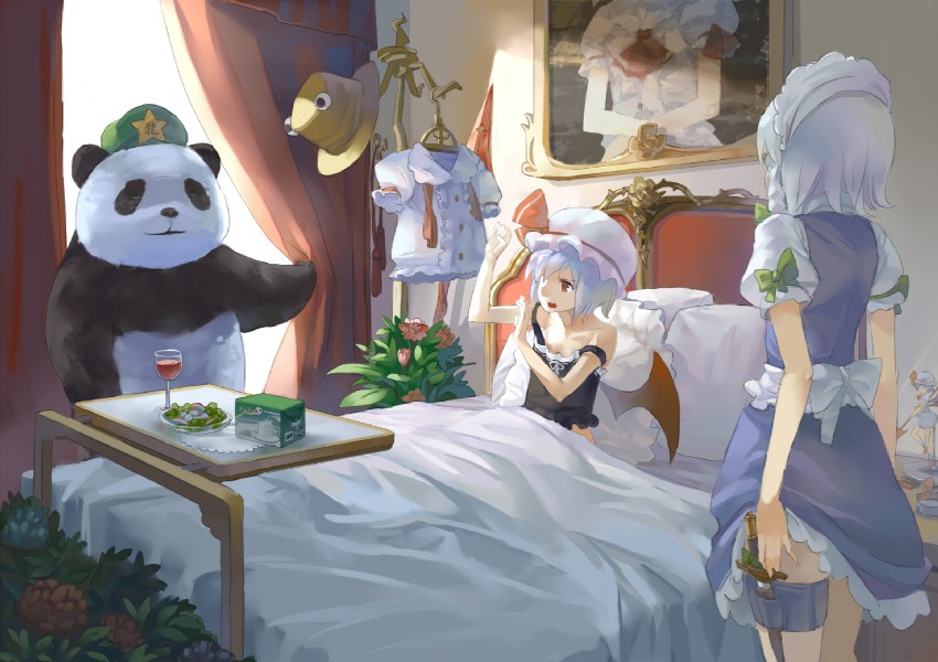 remilia scarlet, izayoi sakuya, hong meiling, and pyonta (touhou) drawn by 77gl