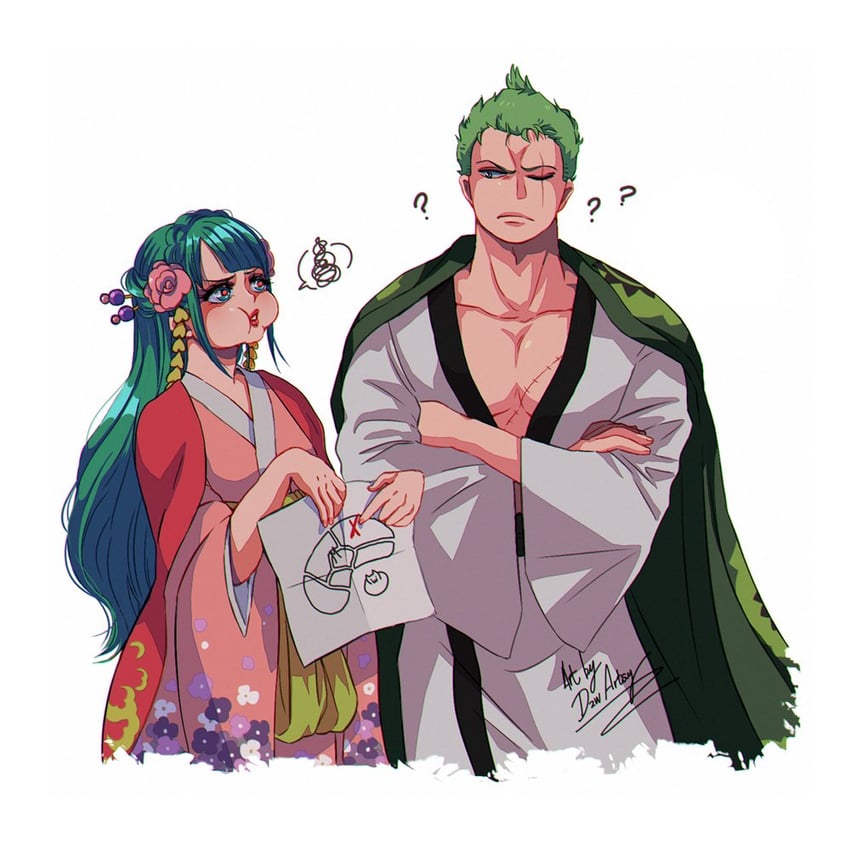 roronoa zoro and kouzuki hiyori (one piece) drawn by dzwartsy