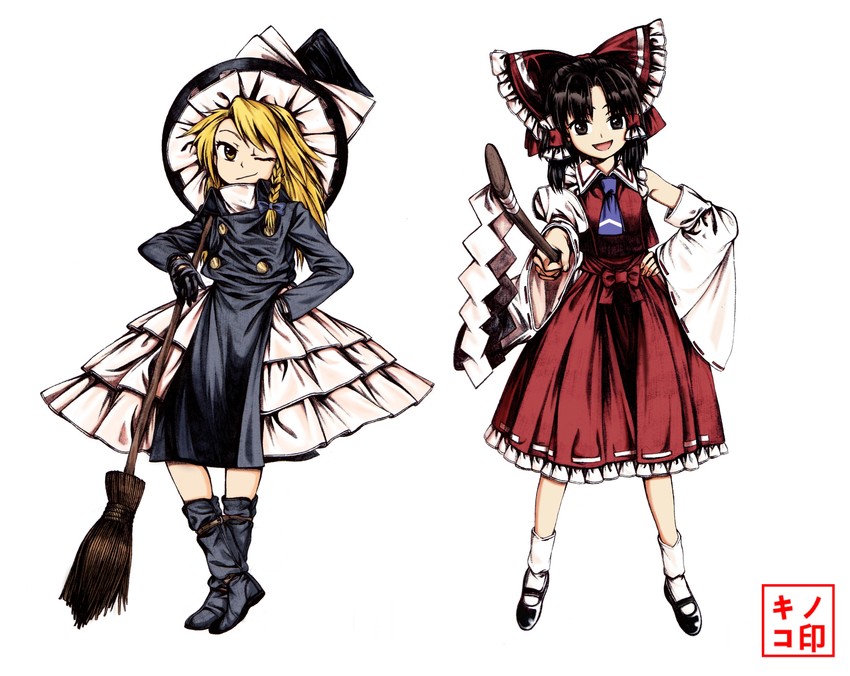 hakurei reimu and kirisame marisa (touhou) drawn by mushroom_(osh320)