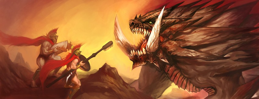 leonidas i and akantor (monster hunter and 1 more) drawn by orenji-kun
