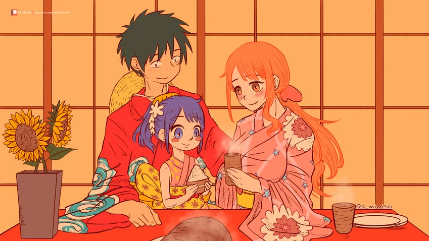 nami, monkey d. luffy, and kurozumi tama (one piece and 2 more) drawn by a_mimishi