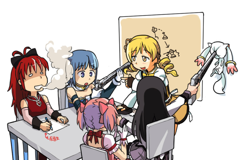 akemi homura, kaname madoka, miki sayaka, sakura kyoko, tomoe mami, and 1 more (mahou shoujo madoka magica) drawn by hobbang
