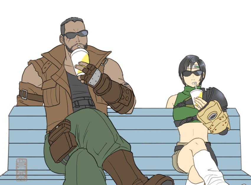 yuffie kisaragi and barret wallace (final fantasy and 3 more) drawn by samba_s0