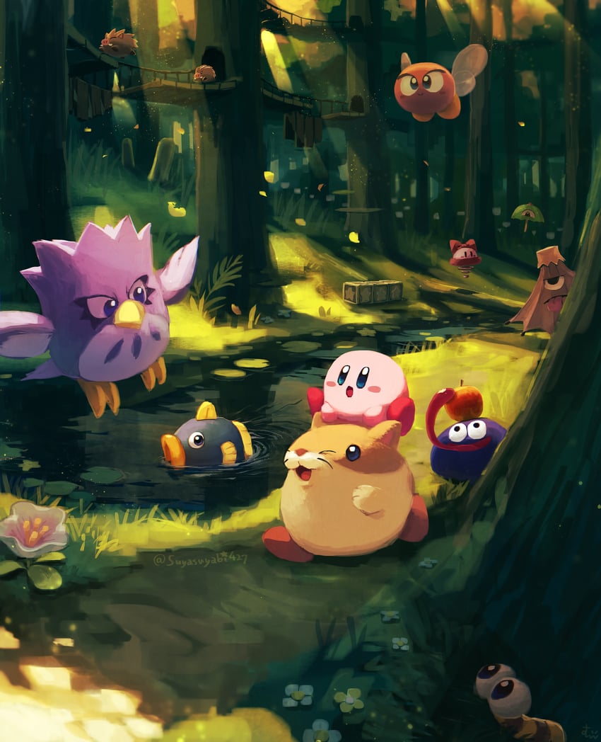 kirby, gooey, kine, rick, coo, and 7 more (kirby and 1 more) drawn by suyasuyabi