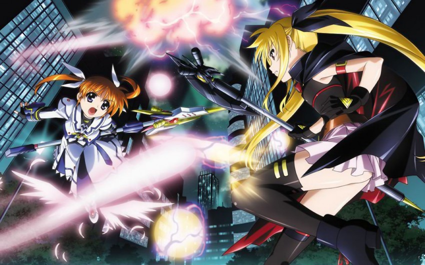 fate testarossa, takamachi nanoha, raising heart, and bardiche (lyrical nanoha and 2 more) drawn by okuda_yasuhiro