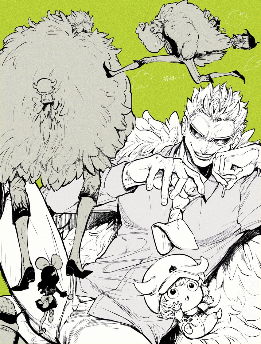donquixote doflamingo, baby 5, dellinger, and buffalo (one piece) drawn by nowosuke